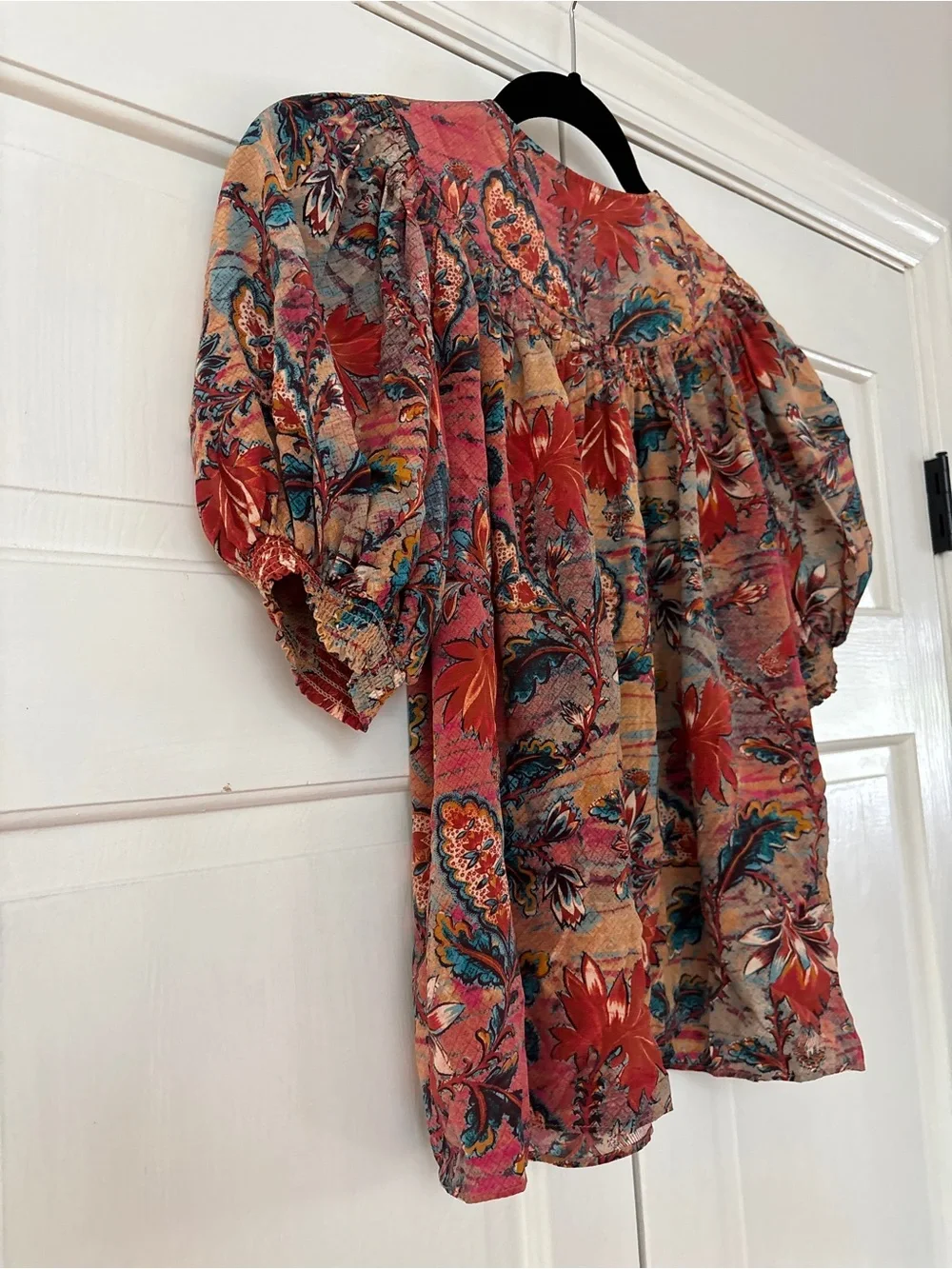 ULLA JOHNSON Dina Top in Coral Bloom Size 2 Puff Sleeve Bib Collar 100% Silk